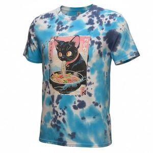 HANDMADE Black Cat Ramen Anime Graphic Blue Tie Dye T-Shirt Unisex Large